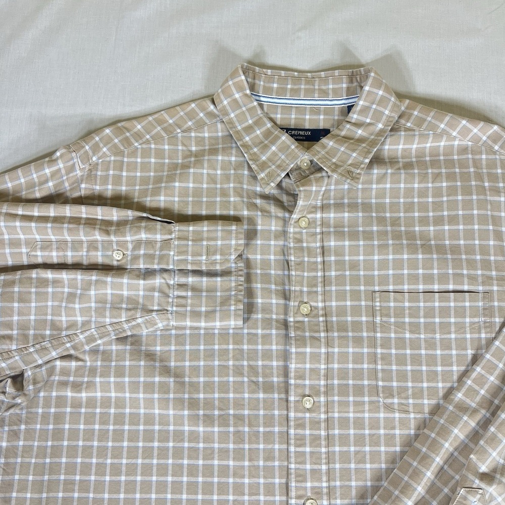 Cremieux Mens XL Button Up Shirt Tan Check Long Sleeve Casual Pocket